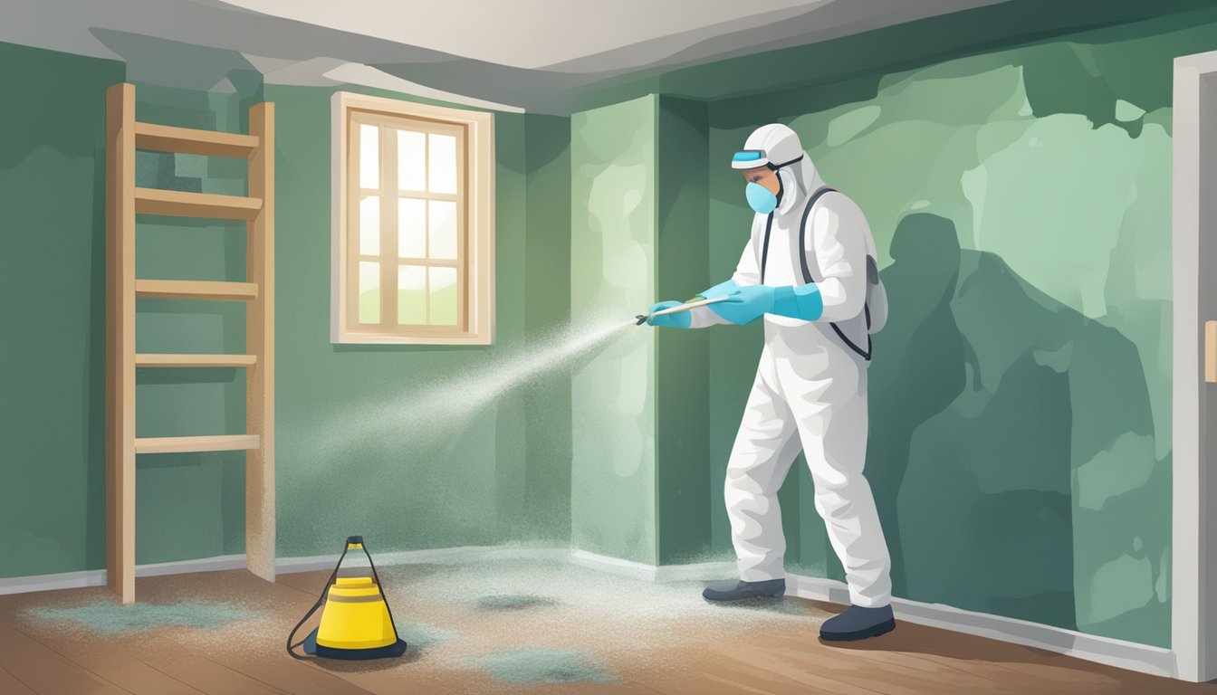 A moldy wall in a home, with visible signs of dampness and discoloration. A person in protective gear removing the affected materials