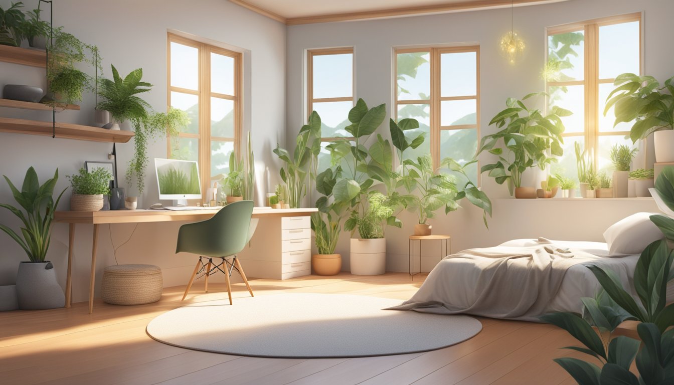 A serene bedroom with sunlight streaming in, a plant-filled corner, and a clean, organized space