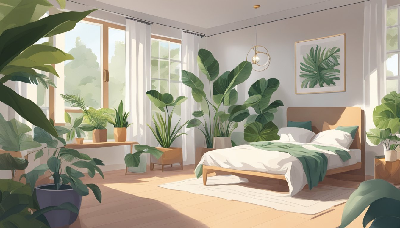 A serene bedroom with plants and natural light, a person's skin visibly improving