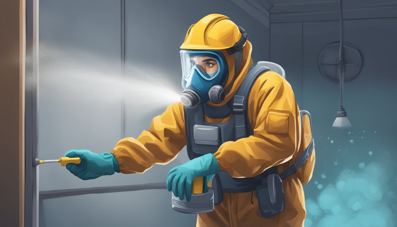 A person wearing protective gear sprays and wipes mold from a damp, dark corner of a room. Mold spores float in the air