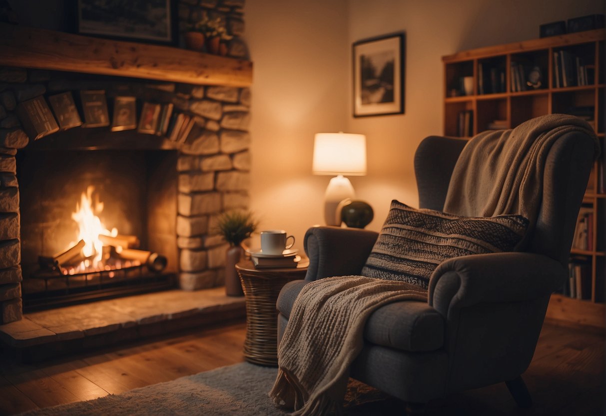 A cozy room with a warm glow from a crackling fireplace, a comfortable armchair, a stack of books, and a cup of tea, creating a peaceful and content atmosphere