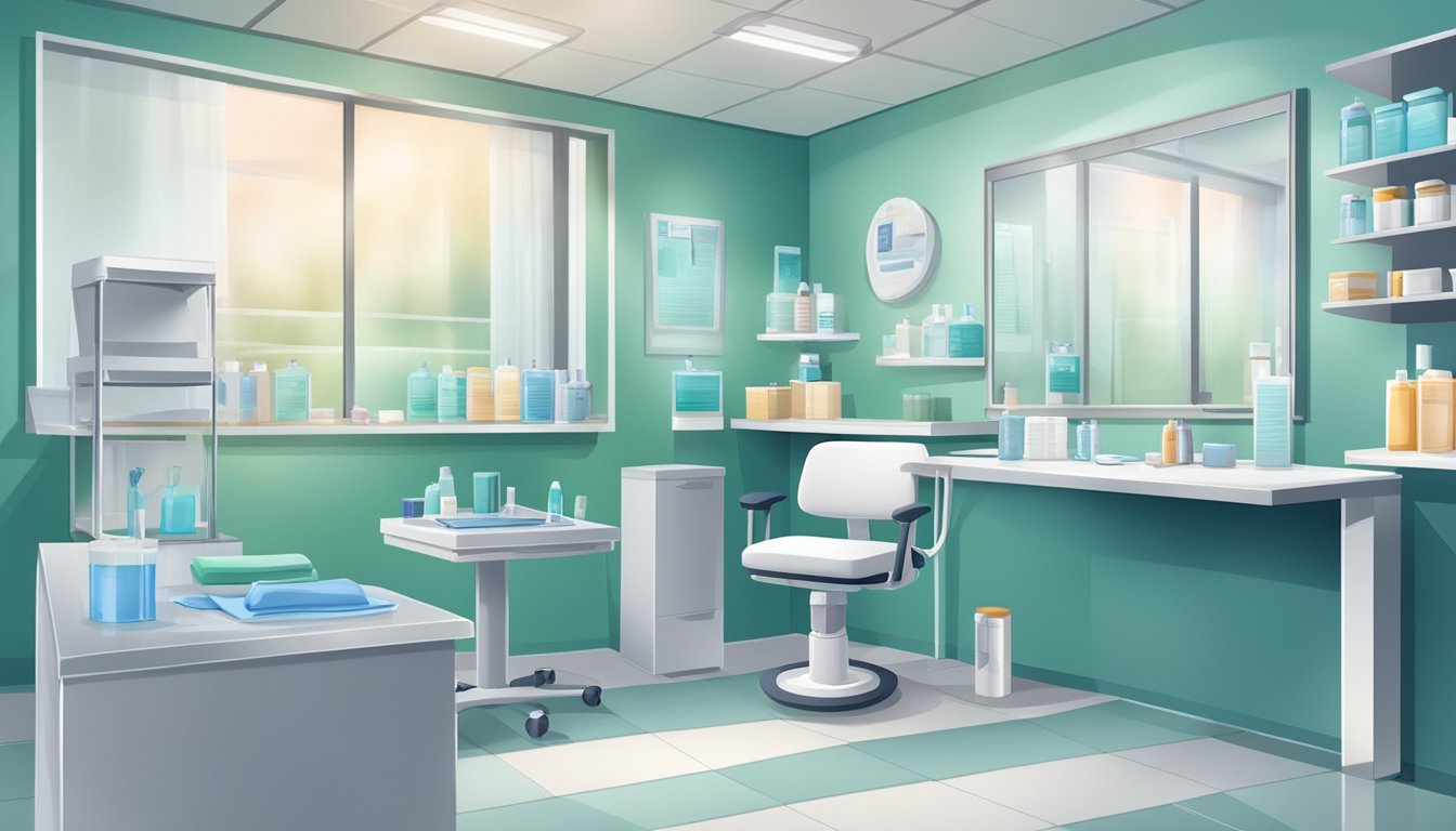 A clean, well-ventilated room with mold-resistant surfaces. A dermatologist's office with skincare products and informational posters on mold exposure