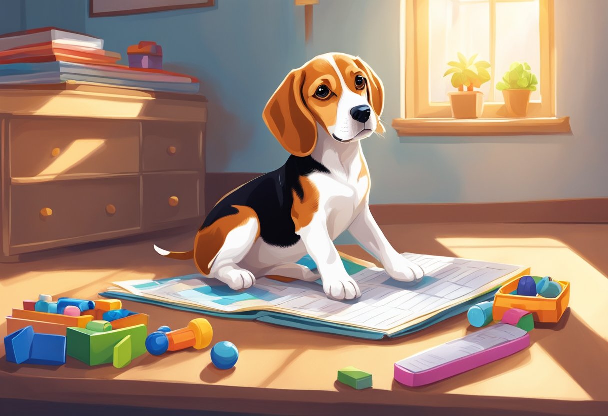 A beagle pup sits beside a calendar, surrounded by toys and a cozy bed. Sunlight streams through a window, casting a warm glow on the room