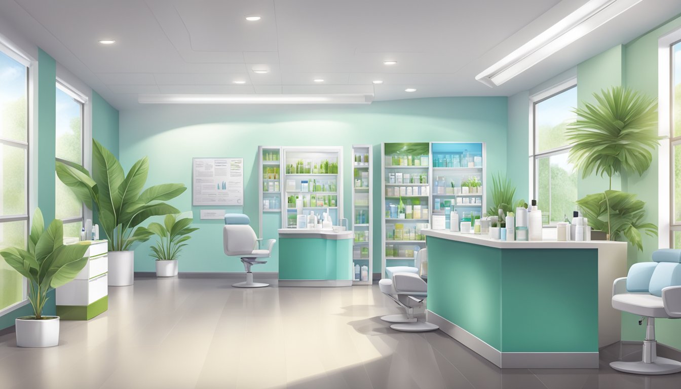 A bright, modern dermatology clinic with natural light and plants. A wall display of skin care products and informational posters on mold exposure