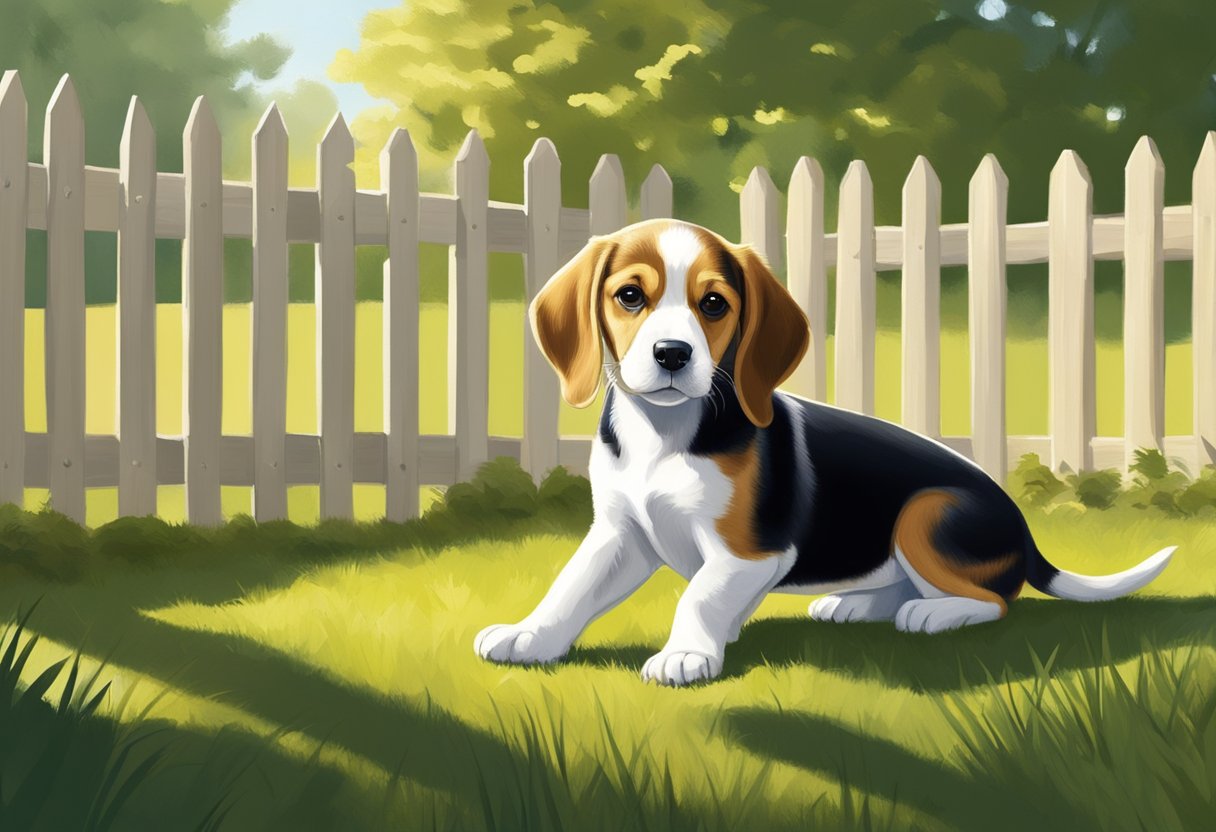 A beagle puppy playing in a spacious, fenced yard. Bright sunlight filters through the trees, casting dappled shadows on the grass. A family of birds chirps in the background, creating a peaceful atmosphere