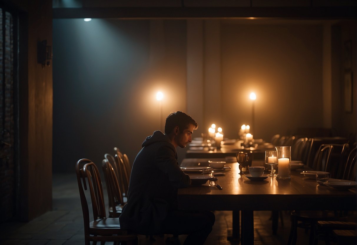A person sitting alone in a dimly lit room, surrounded by empty chairs and an untouched meal. A single candle flickers on the table, casting long shadows on the walls