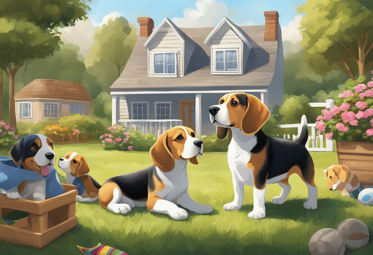 A Beagle puppy playing in a spacious, fenced-in yard with plenty of toys and a comfortable dog bed. A family is seen interacting and bonding with the Beagle, providing love and attention