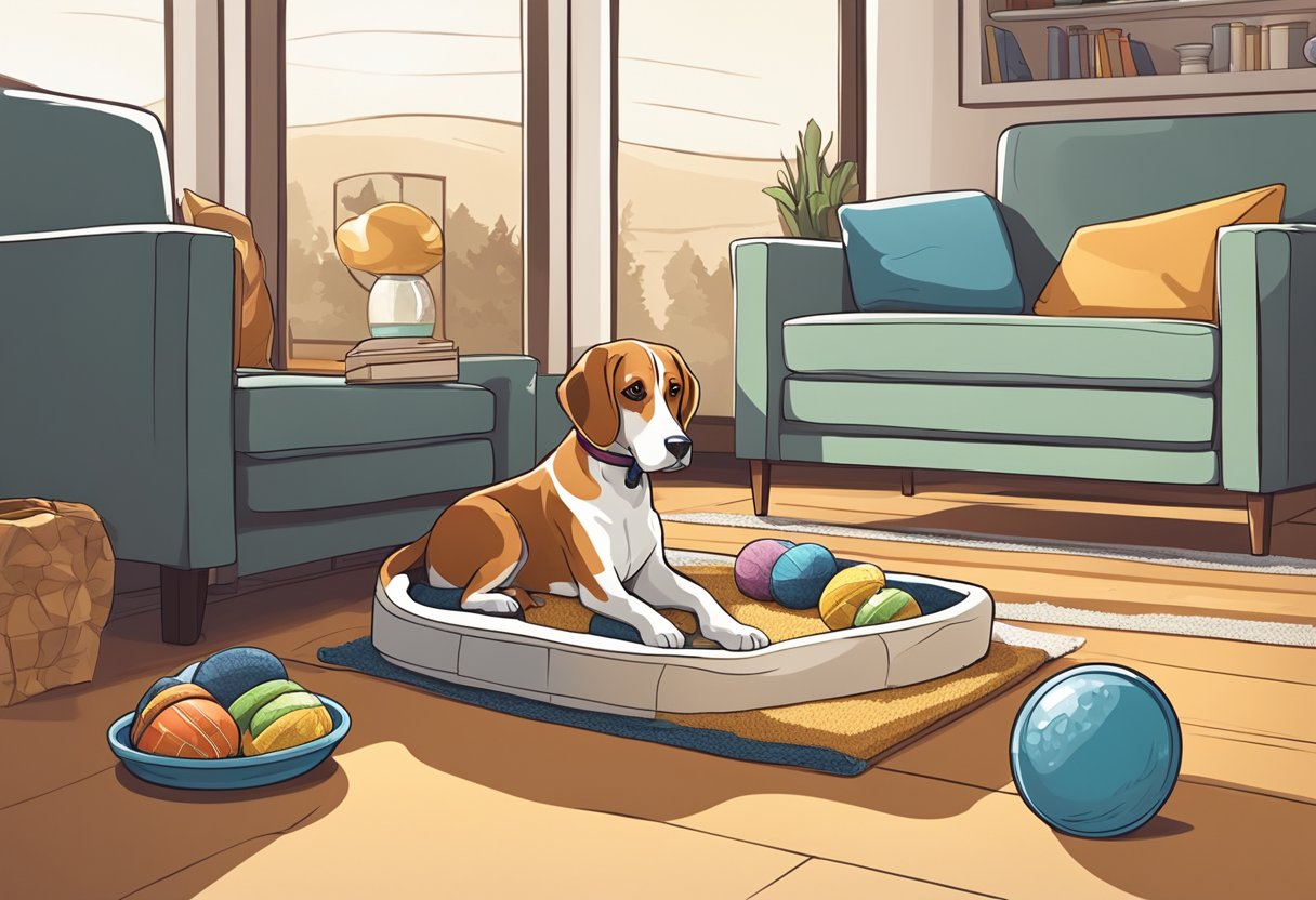 A cozy living room with dog toys scattered on the floor, a comfortable dog bed in the corner, and a bowl of water and food ready for a new beagle