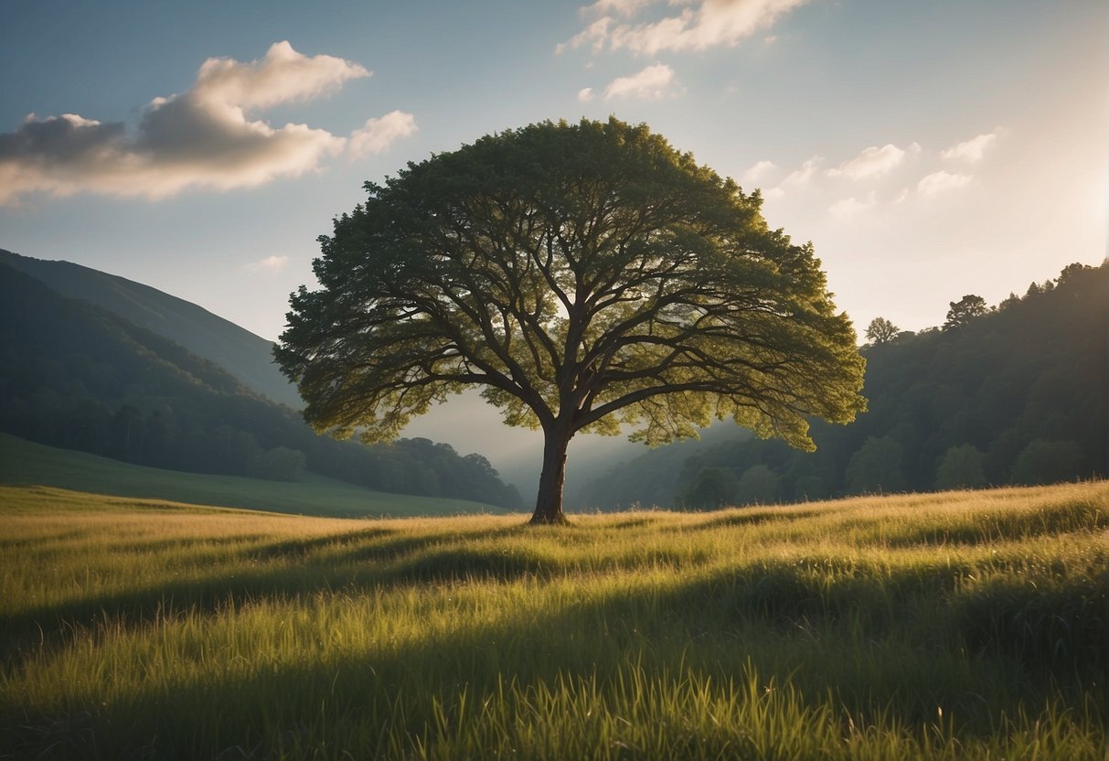 A solitary tree stands tall in a serene meadow, its branches reaching out towards the sky. Nearby, a small stream flows gently, symbolizing the journey of self-awareness and personal growth, offering a sense of tranquility and hope
