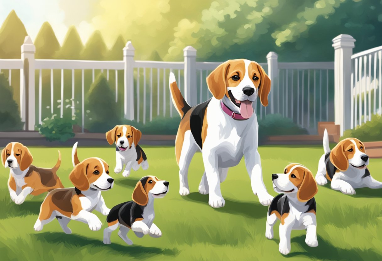 A happy beagle puppy playing with a family in a spacious backyard, showcasing the joy and energy of adopting a beagle at the right time