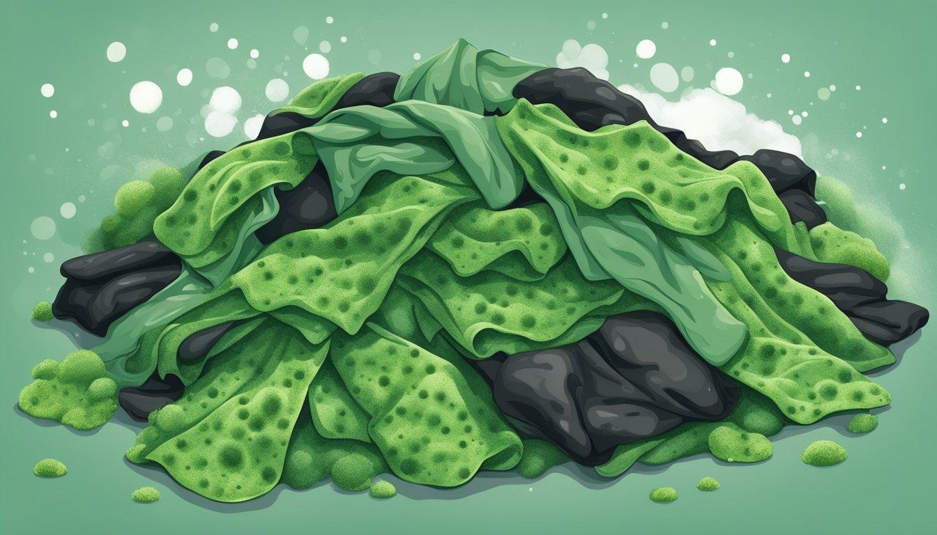 A pile of clothing covered in green and black mold spores. A protective barrier, such as gloves or a plastic covering, separates the mold from skin contact