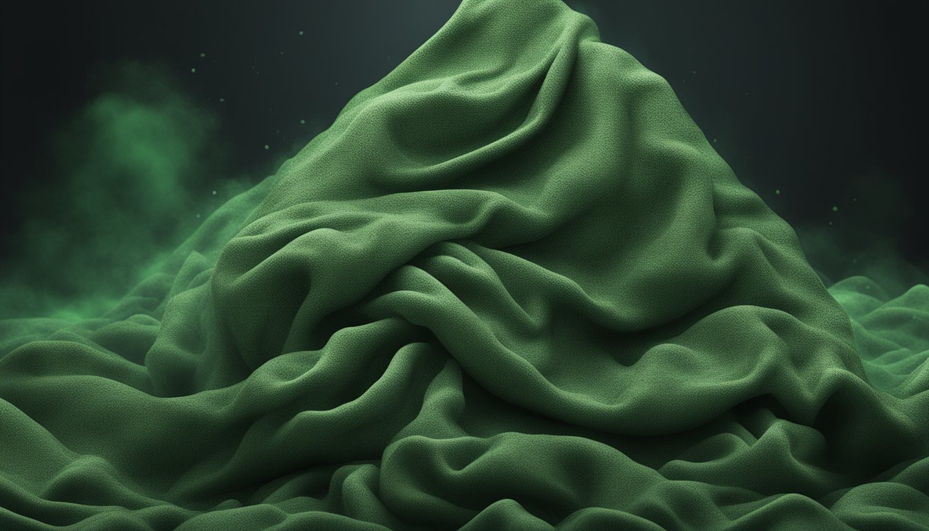 A pile of damp, musty clothing sits in a dark, humid room. Fuzzy green and black spots cover the fabric, indicating the presence of mold spores