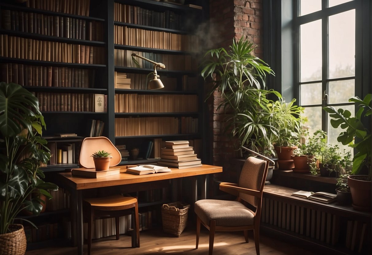 A cozy room with a warm, inviting atmosphere. A bookshelf filled with uplifting books and a comfortable chair by a bright window. A journal and pen sit on a table, surrounded by plants and soft lighting
