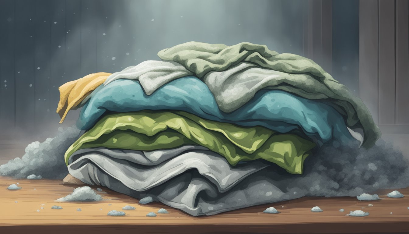 A pile of moldy clothing sits in a damp, musty room. Mold spores float in the air, posing a health risk. Clothing should be handled with caution to prevent skin contact