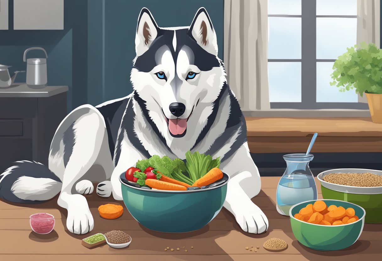 A Siberian Husky eagerly eats a balanced meal of raw meat, vegetables, and high-quality kibble, with a water bowl nearby