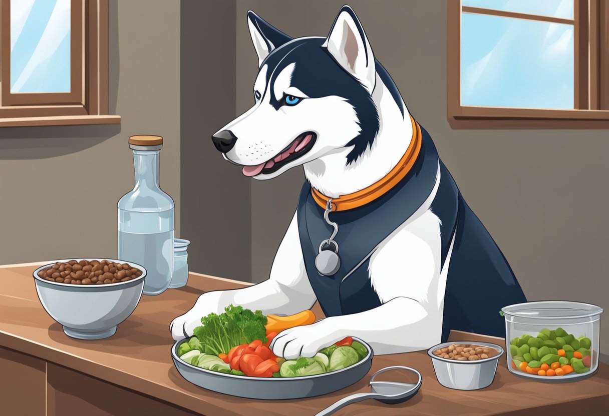 A Siberian Husky eagerly eats a balanced meal of raw meat, vegetables, and high-quality kibble, with a bowl of fresh water nearby