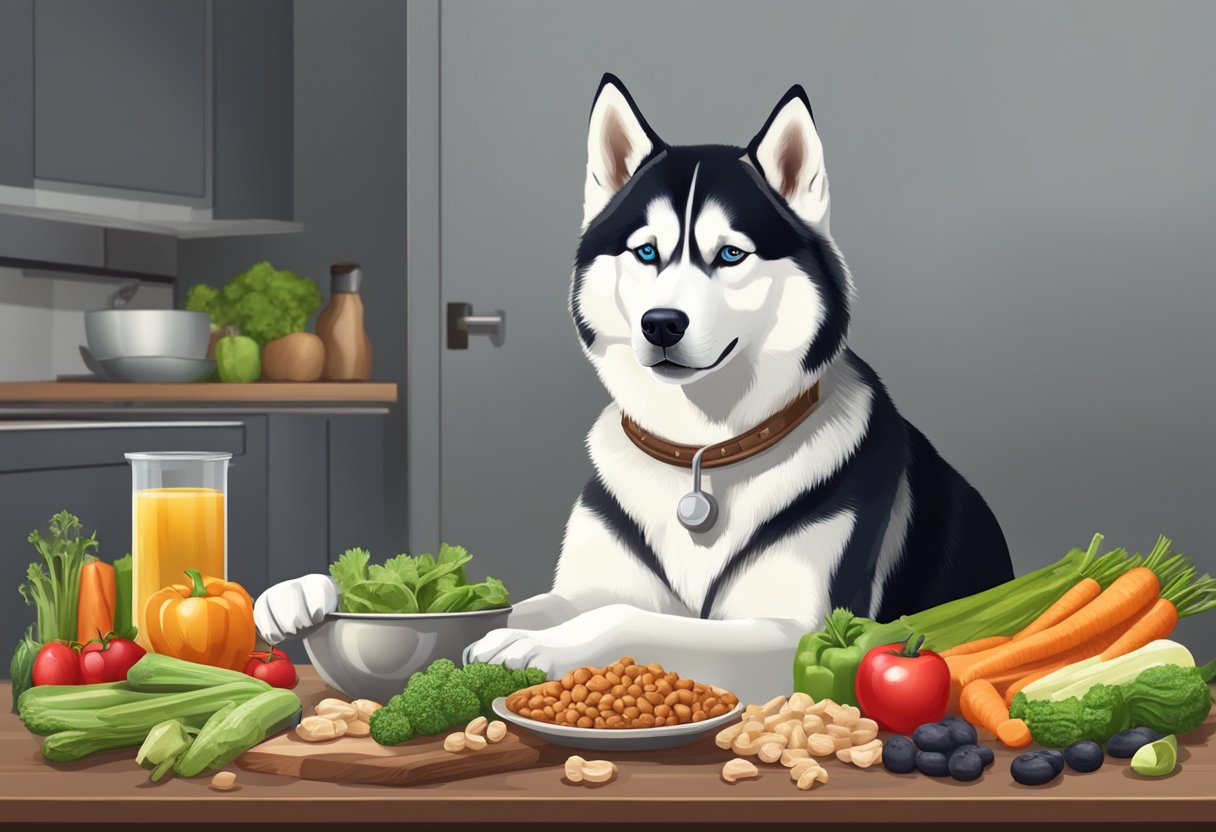 A Siberian Husky eats a balanced diet of high-quality dog food, raw meat, and vegetables for optimal health