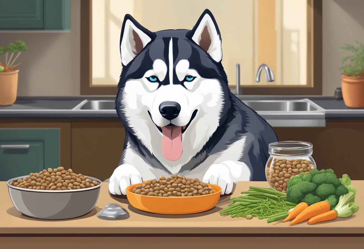 A Siberian Husky eagerly eats a balanced meal of high-quality dog food, raw meat, and vegetables, while a water bowl sits nearby