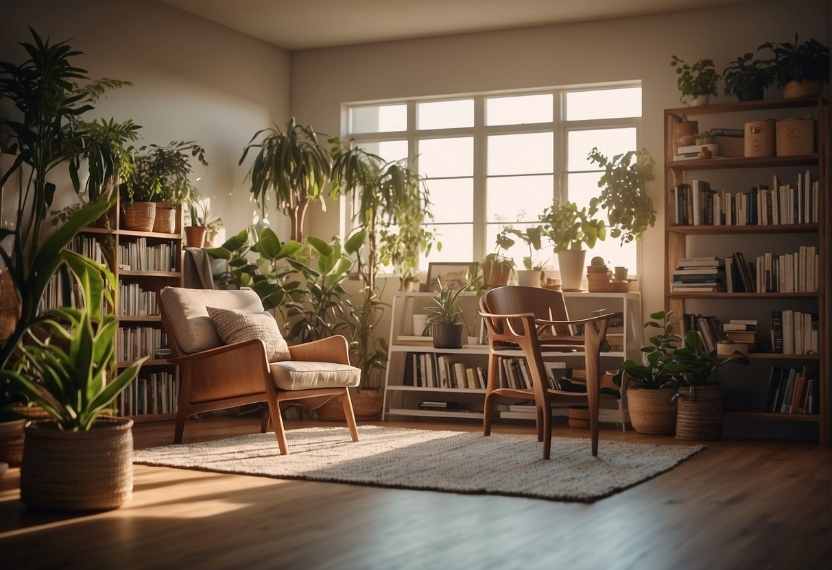 A cozy living room with a bookshelf, plants, and a comfortable chair. A laptop and art supplies are scattered on a table. The room is filled with warm, natural light
