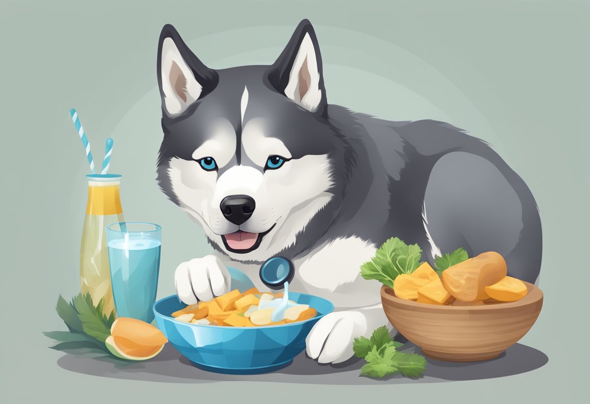 A Siberian Husky eats a balanced meal of high-quality protein, healthy fats, and complex carbohydrates. A bowl of fresh water is also present