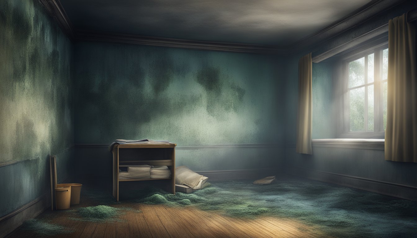 A dark, damp room with mold growing on the walls, causing distress and anxiety for the inhabitants