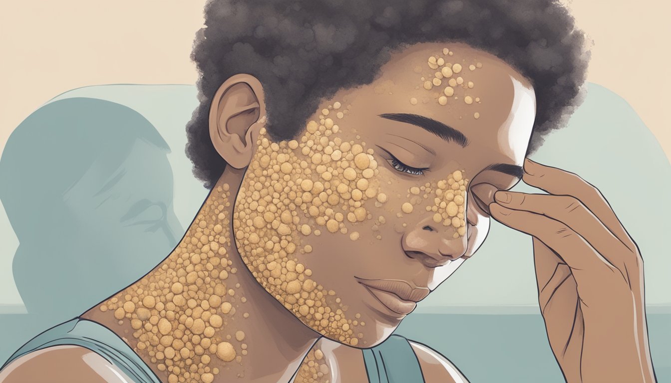 A person with mold-induced skin conditions seeks comfort from a dermatologist, highlighting the psychological impact of skin issues on mental health