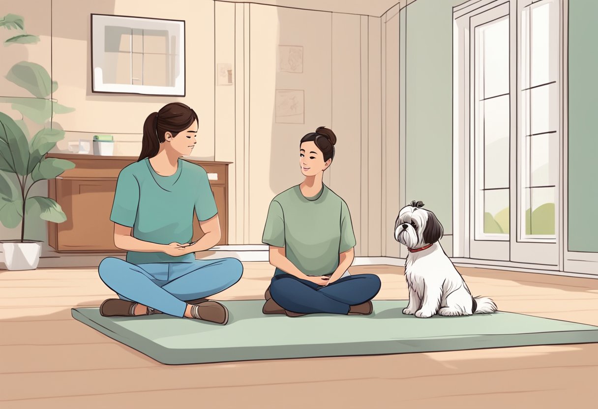 A Shih Tzu puppy sits attentively, ears perked, while a trainer uses positive reinforcement to teach basic commands in a bright, spacious room