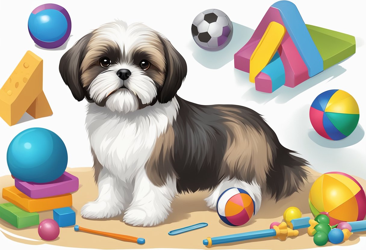 A Shih Tzu puppy sits attentively, surrounded by various training tools and toys. A trainer uses positive reinforcement to teach basic commands, while the puppy eagerly learns and responds