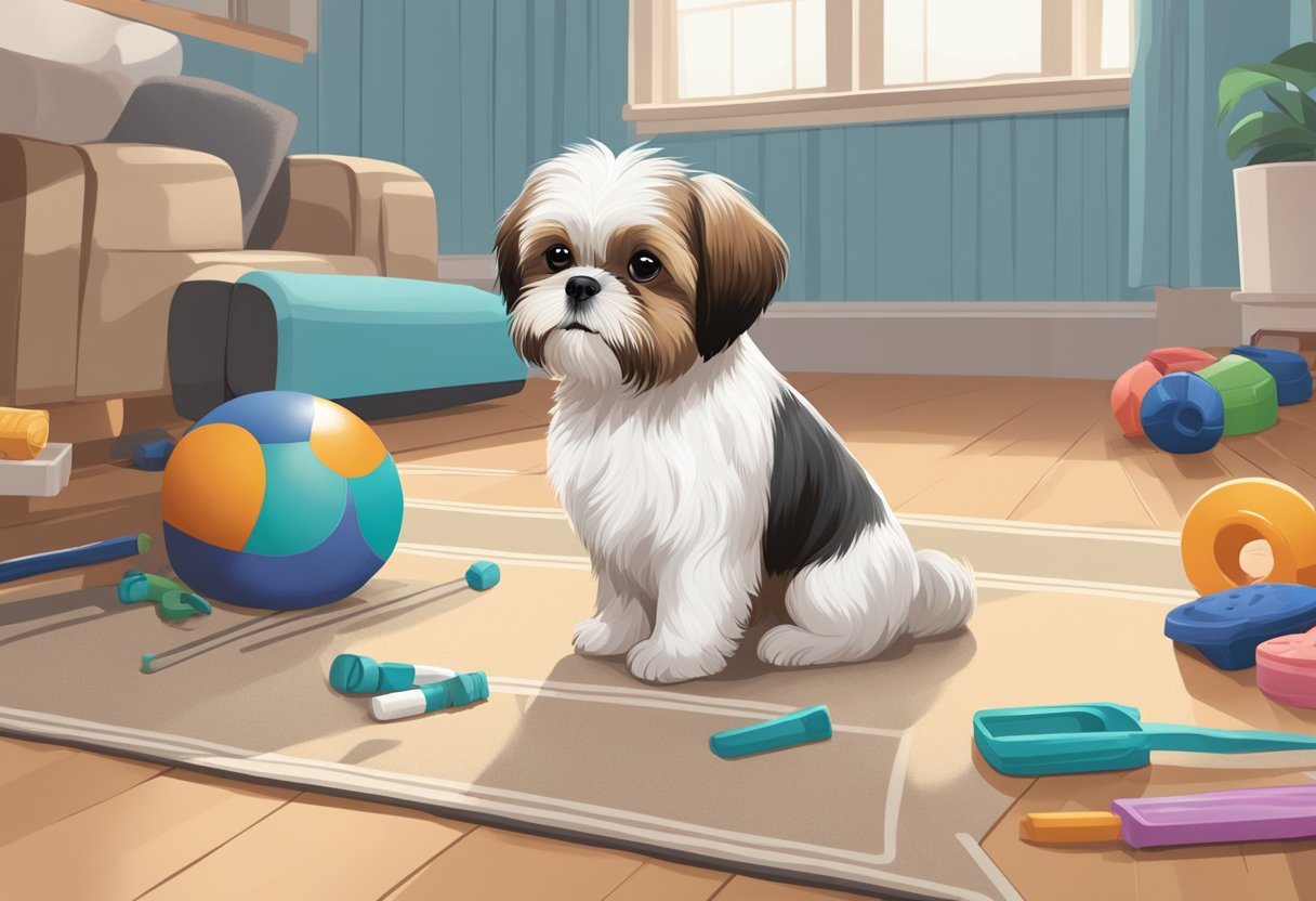 A Shih Tzu puppy sits attentively, ears perked, as a trainer uses positive reinforcement to teach commands. A variety of training tools and treats are scattered around the room