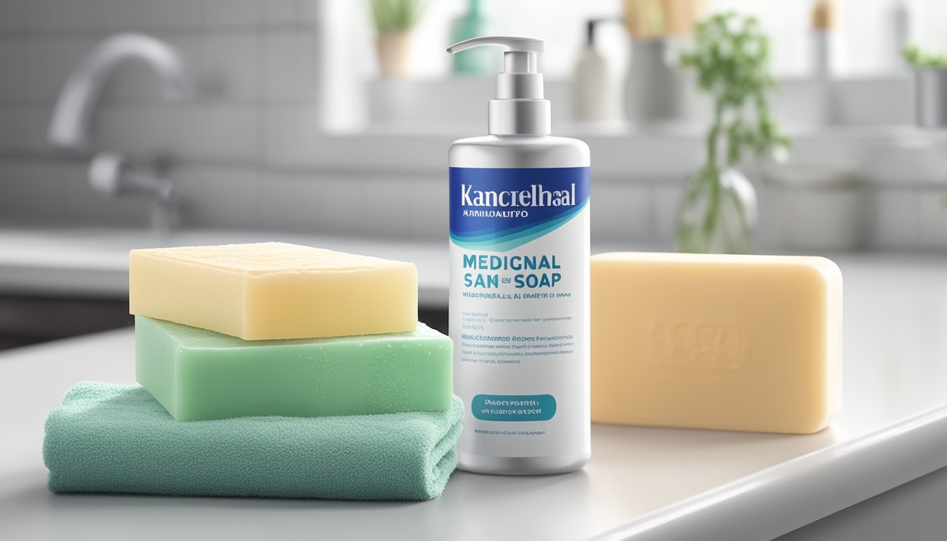 A bottle of antifungal cream sits next to a bar of medicated soap on a clean, white countertop. A damp, moldy towel hangs nearby