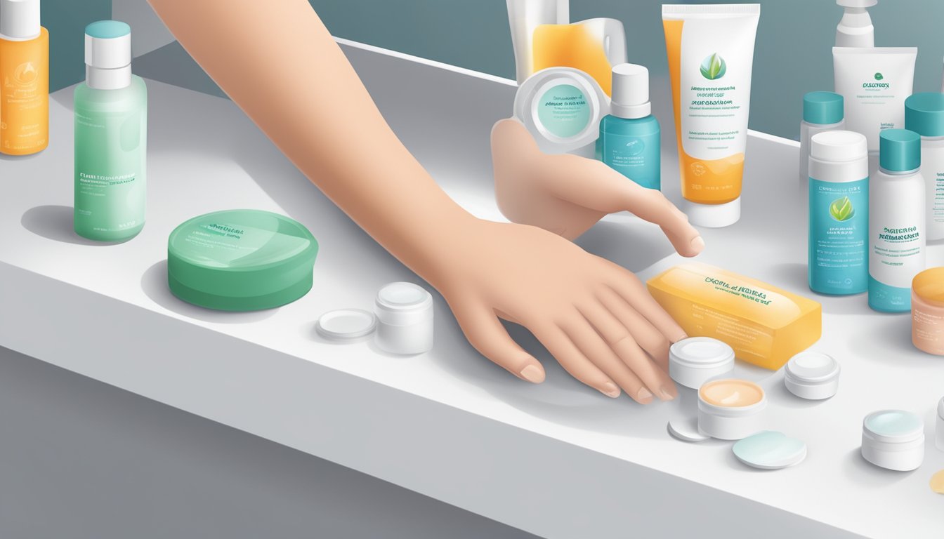 A hand reaches for a tube of antifungal cream on a clean, white countertop, surrounded by various other topical treatments for mold-related skin conditions