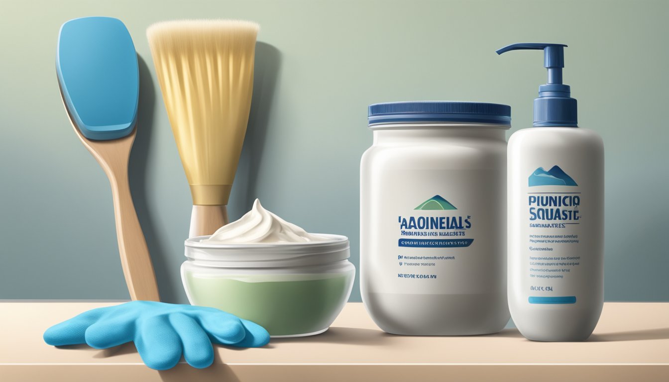 A jar of topical cream sits next to a mold-infested surface. A pair of gloves and a mask are nearby