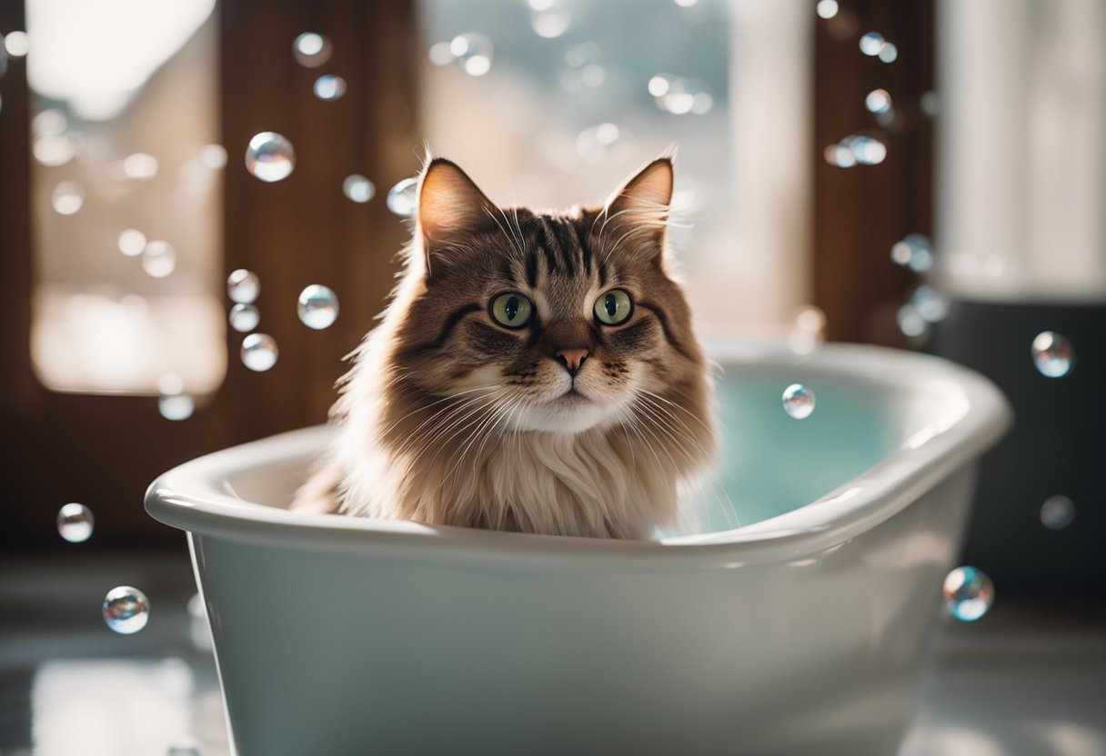 A cat sitting in a bathtub, with bubbles and a towel nearby
