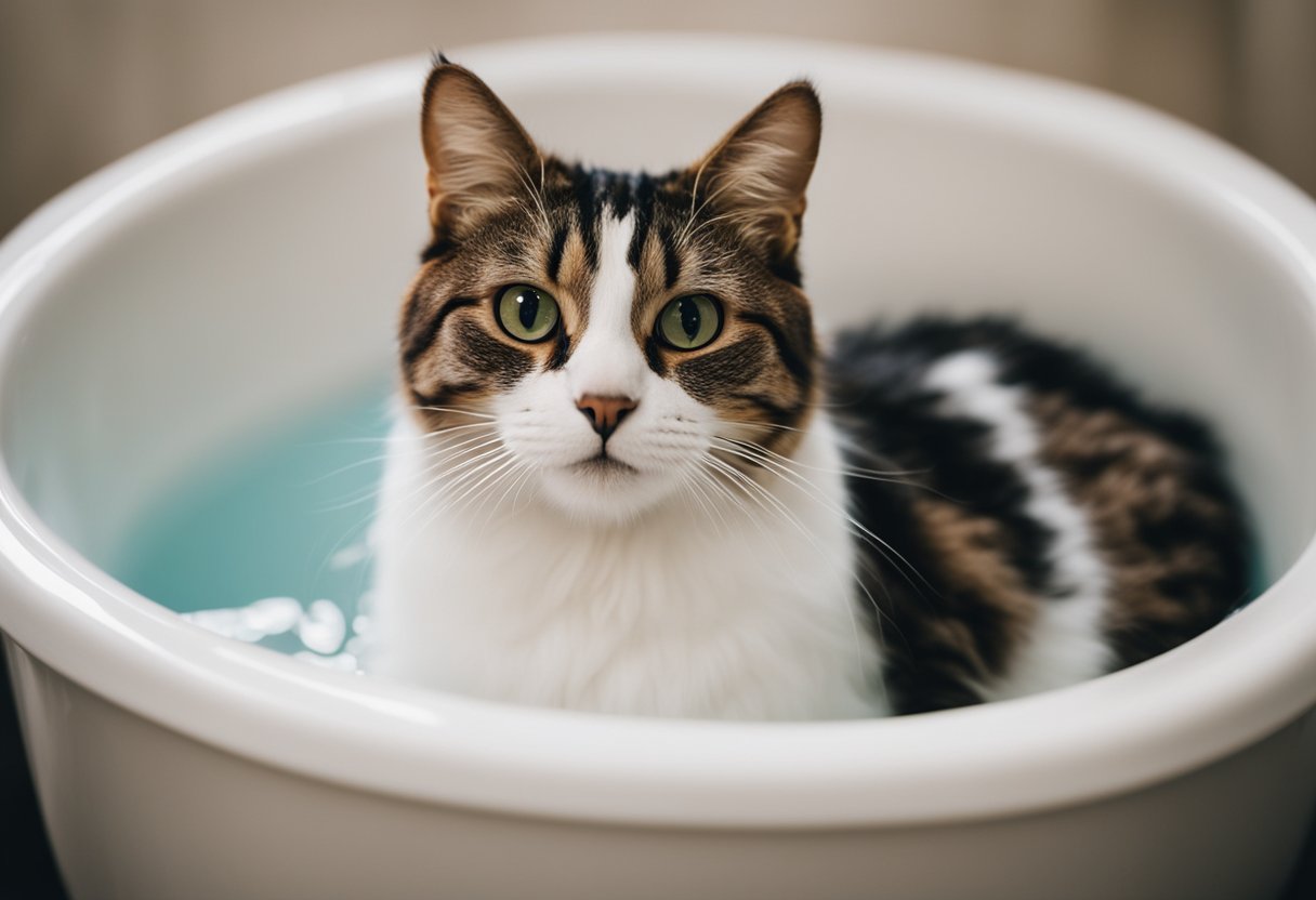A cat being gently bathed in a shallow tub of water, with a soft towel nearby for drying
