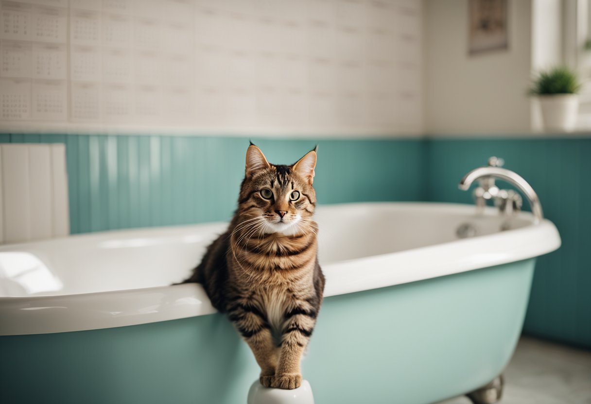 A cat sitting beside a bathtub, with a question mark above its head. A calendar on the wall shows "bathing day" marked once a week