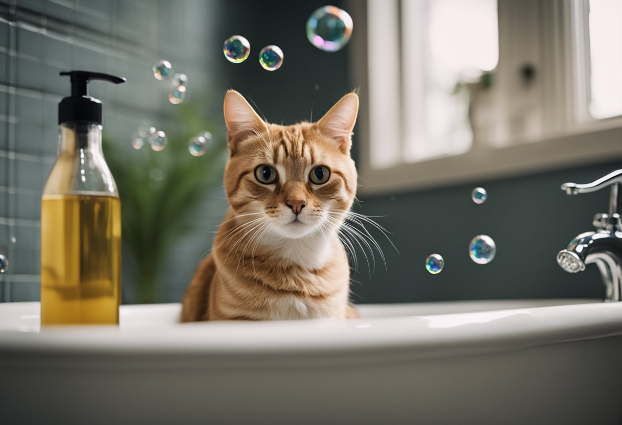 A cat sitting in a bathtub, with a questioning expression on its face. Bubbles and a bottle of cat shampoo are nearby