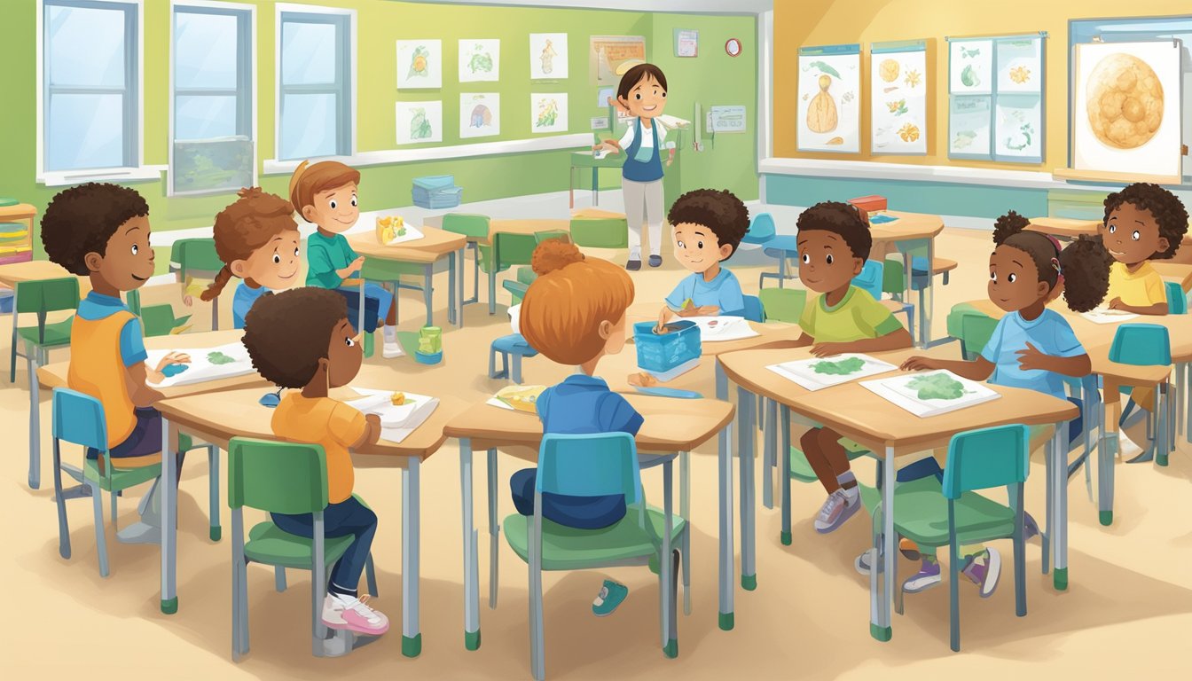 Children learning about mold allergies and skin protection through visual aids and interactive activities in a classroom setting