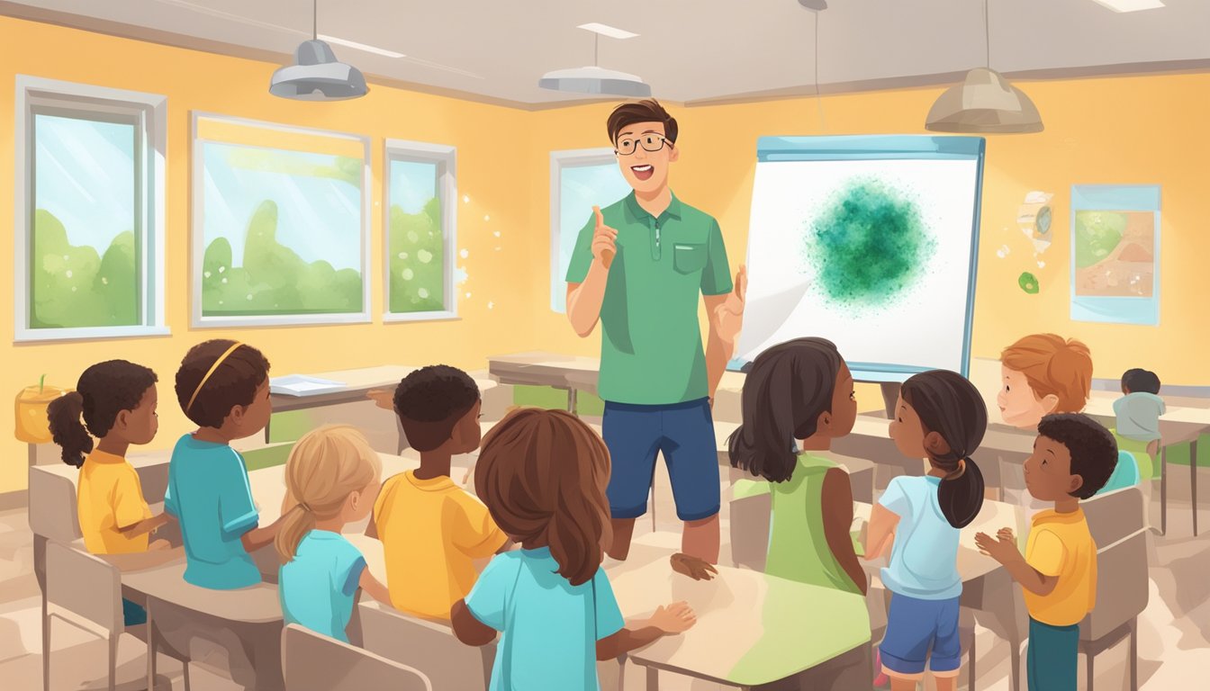 Children learning about mold allergies, with an instructor showing them how to protect their skin. Mold spores are visible in the air