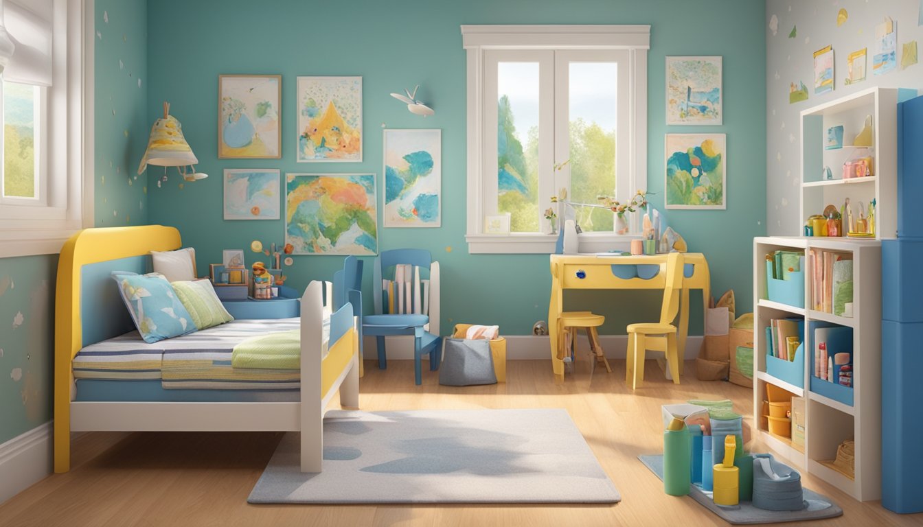 A child's room with mold-resistant paint, educational posters on mold allergies, and a child wearing long sleeves and gloves