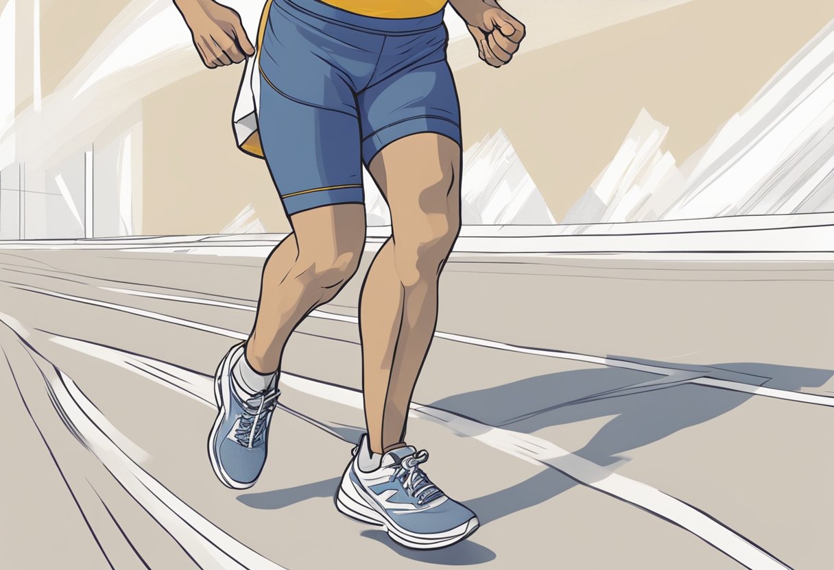 A pair of running shorts bunches up at the crotch and thigh area while the wearer is in motion. The fabric appears to be shifting and riding up, causing discomfort and potential chafing
