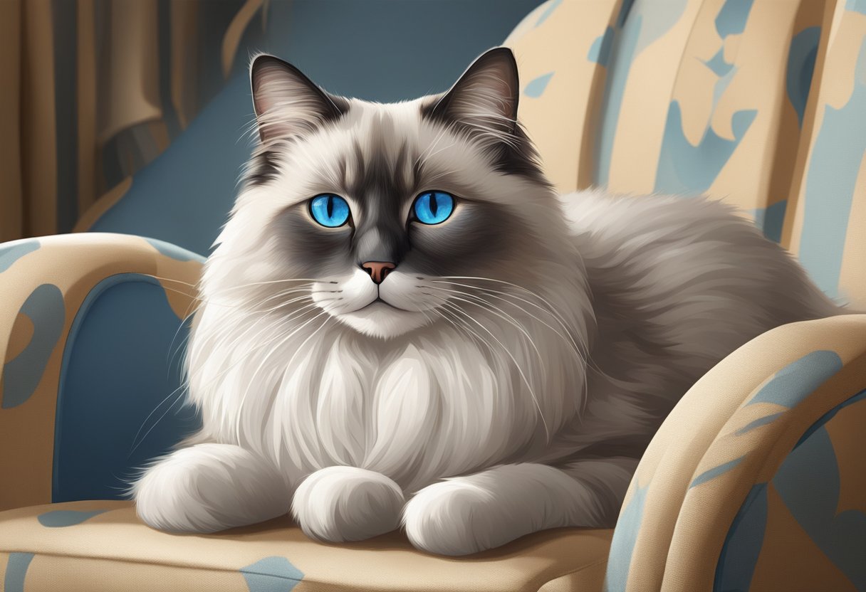 A playful ragdoll cat lounges on a cozy chair, with its striking blue eyes and silky fur on display. Its relaxed and affectionate nature shines through as it interacts with its surroundings