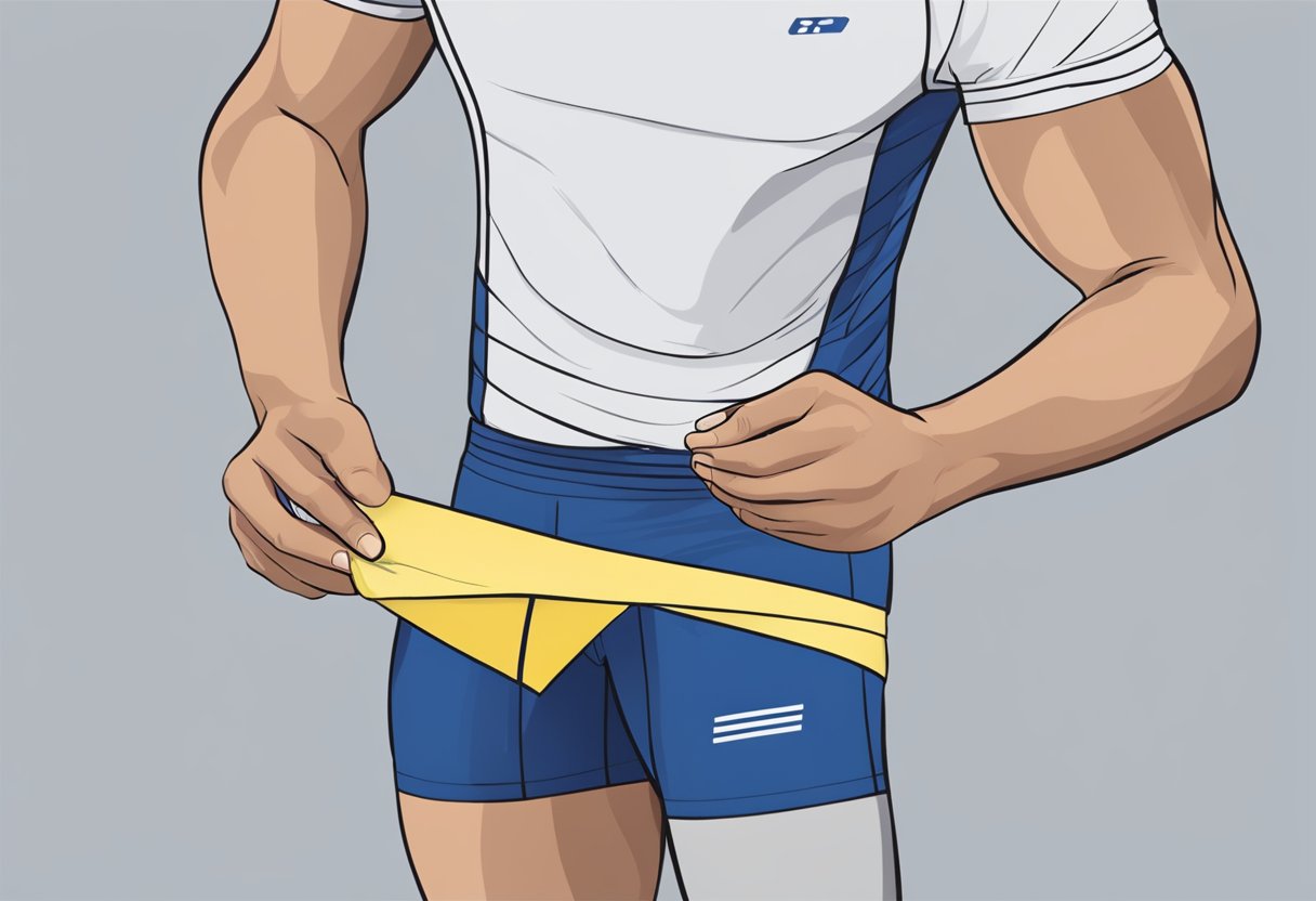 A hand reaches for a pair of running shorts, carefully inspecting the length and fit. A pair of shorts is shown with silicone grip strips along the hem, ensuring they stay in place during runs