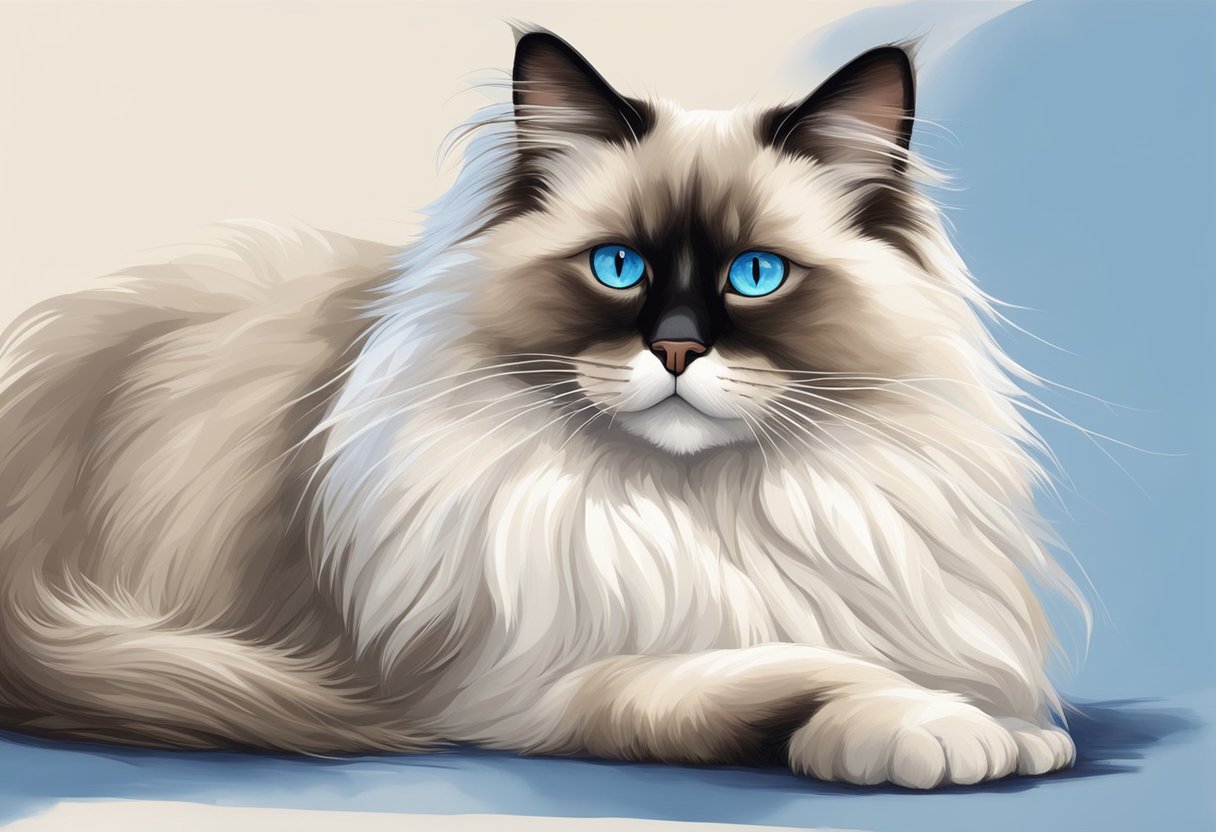 A fluffy Ragdoll cat with striking blue eyes lounges gracefully, showcasing its long, silky fur and distinct color points. Its gentle and affectionate nature shines through its relaxed posture