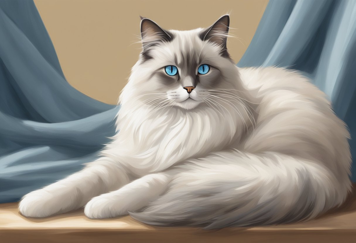 A Ragdoll cat lounges with relaxed posture, displaying their gentle and affectionate nature. Their large, blue eyes exude calmness and intelligence, while their semi-long fur drapes over their body, giving off an air of elegance and grace