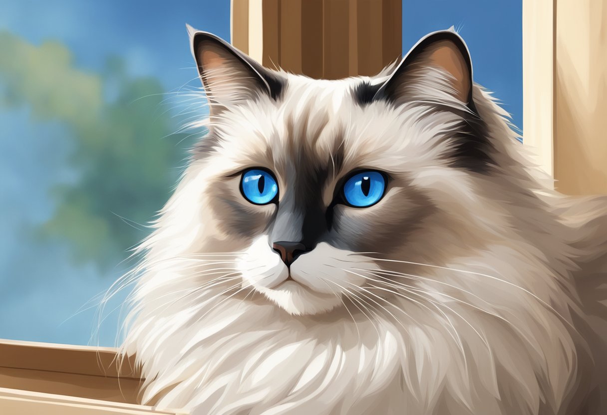 A Ragdoll cat lounges on a cozy window perch, gazing out at the world with its striking blue eyes. Its fluffy fur and relaxed posture exude a sense of calm and contentment