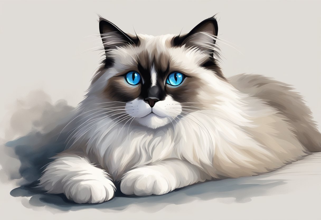 A Ragdoll cat lounges gracefully with relaxed demeanor, showcasing its striking blue eyes and soft, semi-long fur. Its gentle and affectionate nature shines through as it interacts with its surroundings