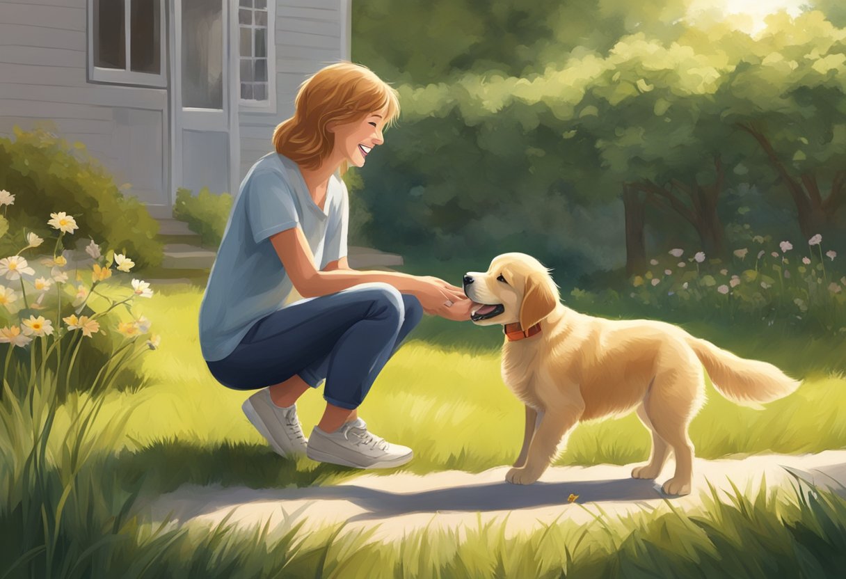 A sunny afternoon in a grassy backyard, a golden retriever puppy eagerly greets its new owner, tail wagging and tongue lolling