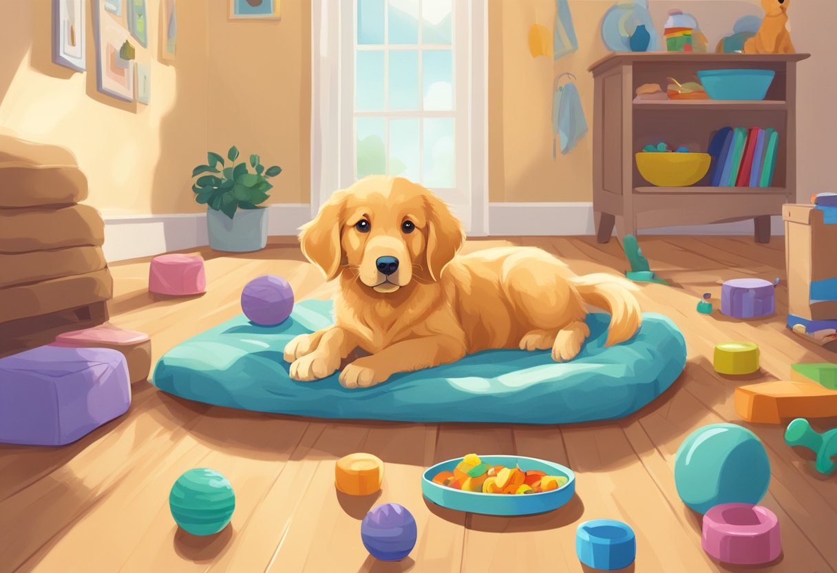 A golden retriever puppy sits, surrounded by toys and a cozy bed. The room is bright and welcoming, with a bowl of water and a plate of food nearby