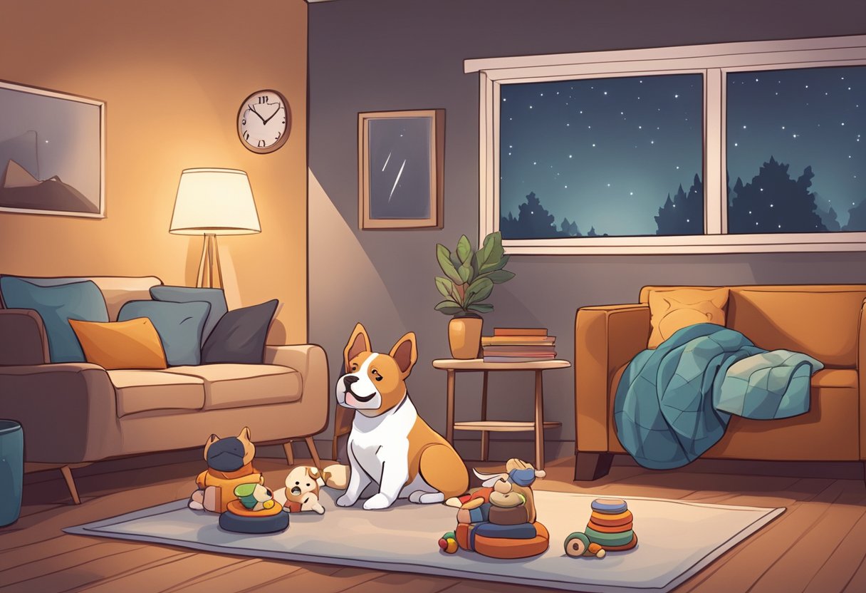 A cozy living room with a soft, warm blanket and a pile of puppy toys. A clock on the wall shows the time as 8:00 PM