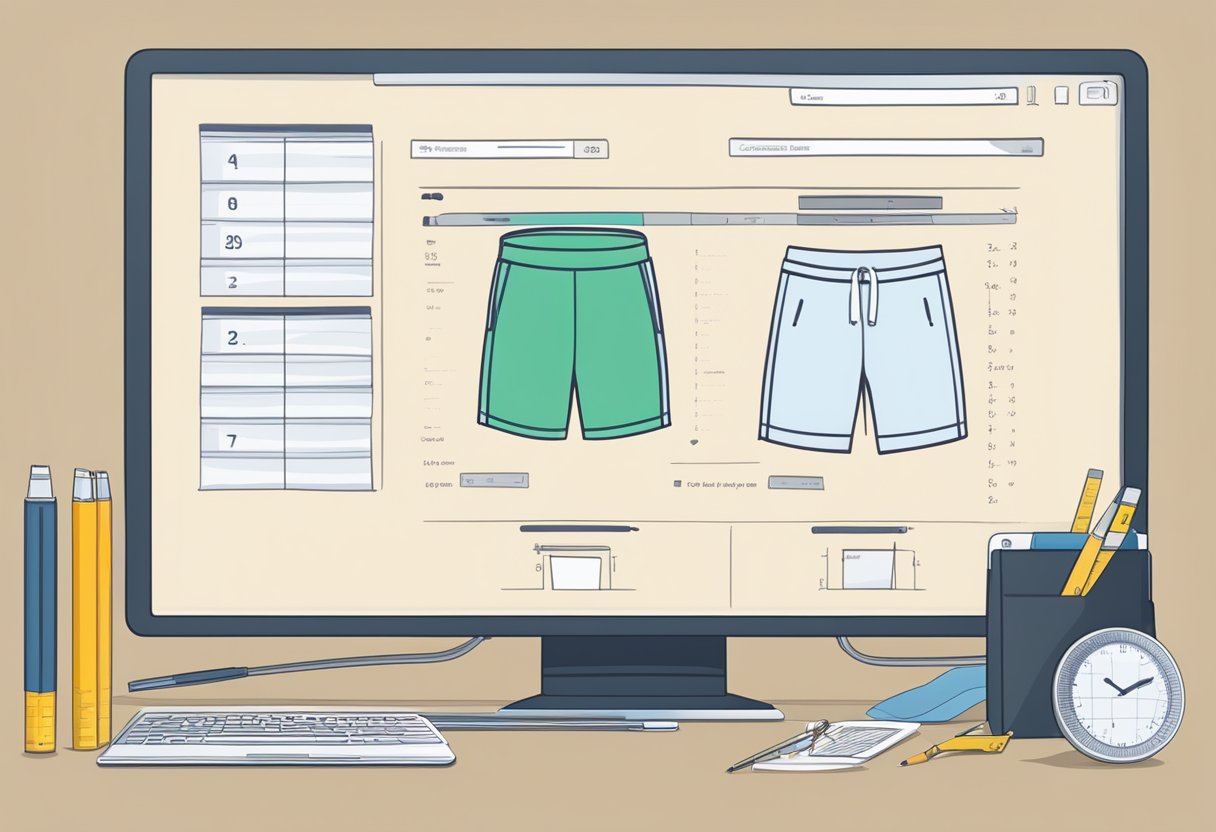 A computer screen displaying various running shorts with size charts and customer reviews, surrounded by a tape measure, a notebook, and a pen for note-taking